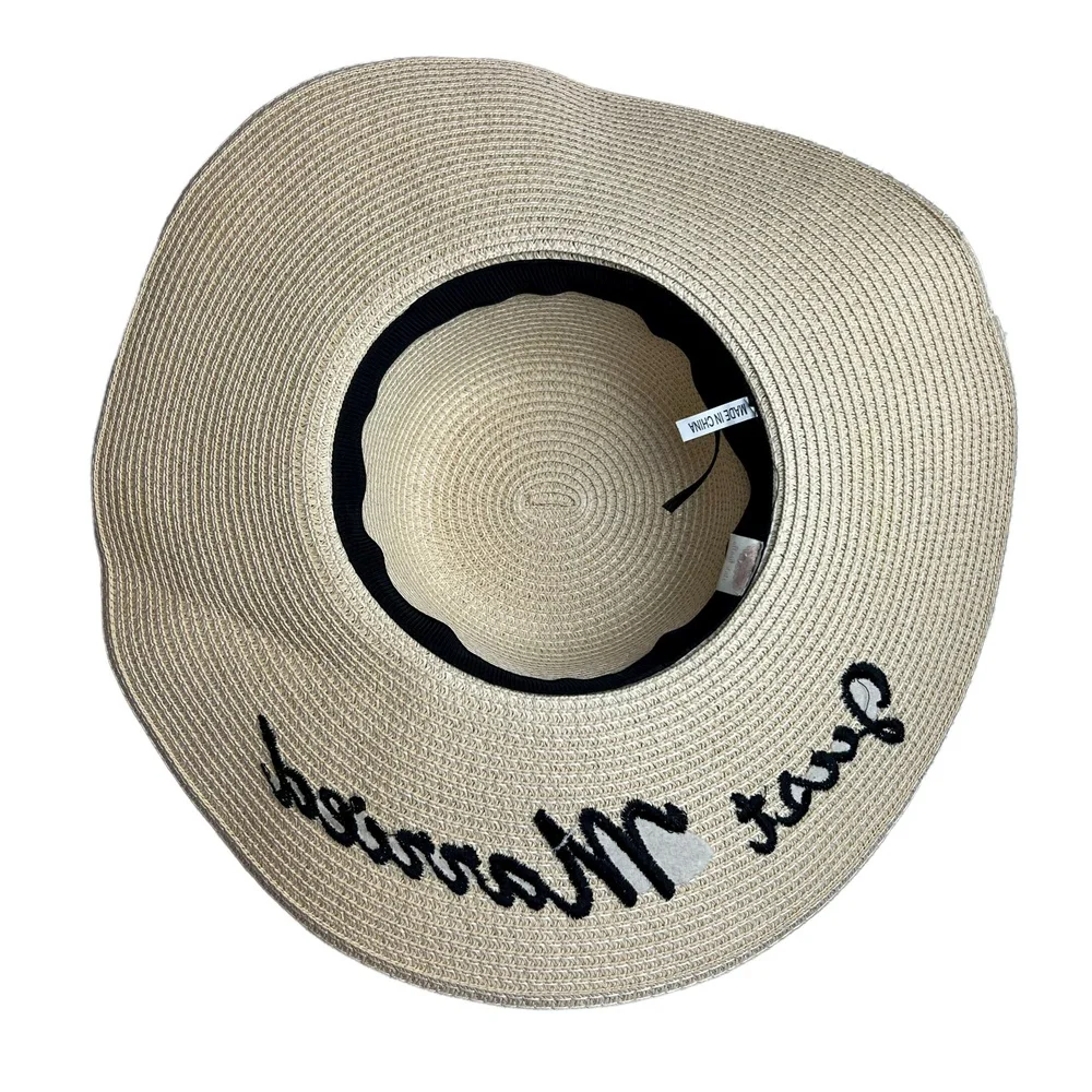 Altar'd State Just Married Embroidered‎ Packable Straw Paper Hat Pom Pom Summer
